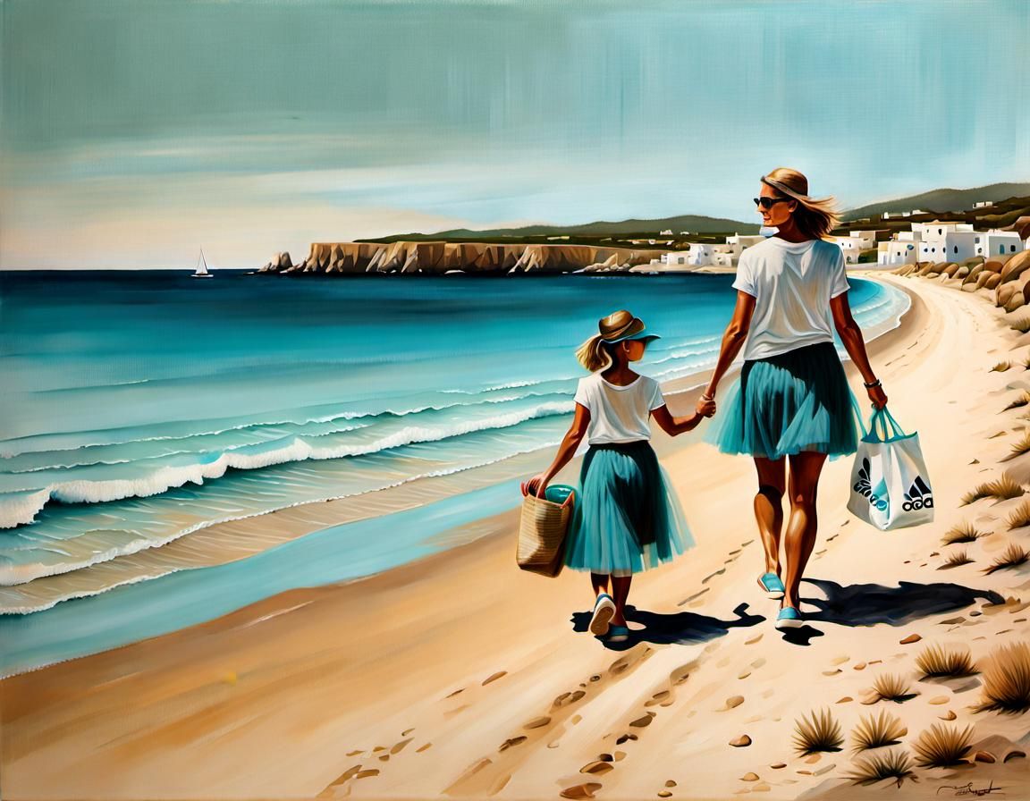 Vintage Mother and Daughter on Ibiza Beach