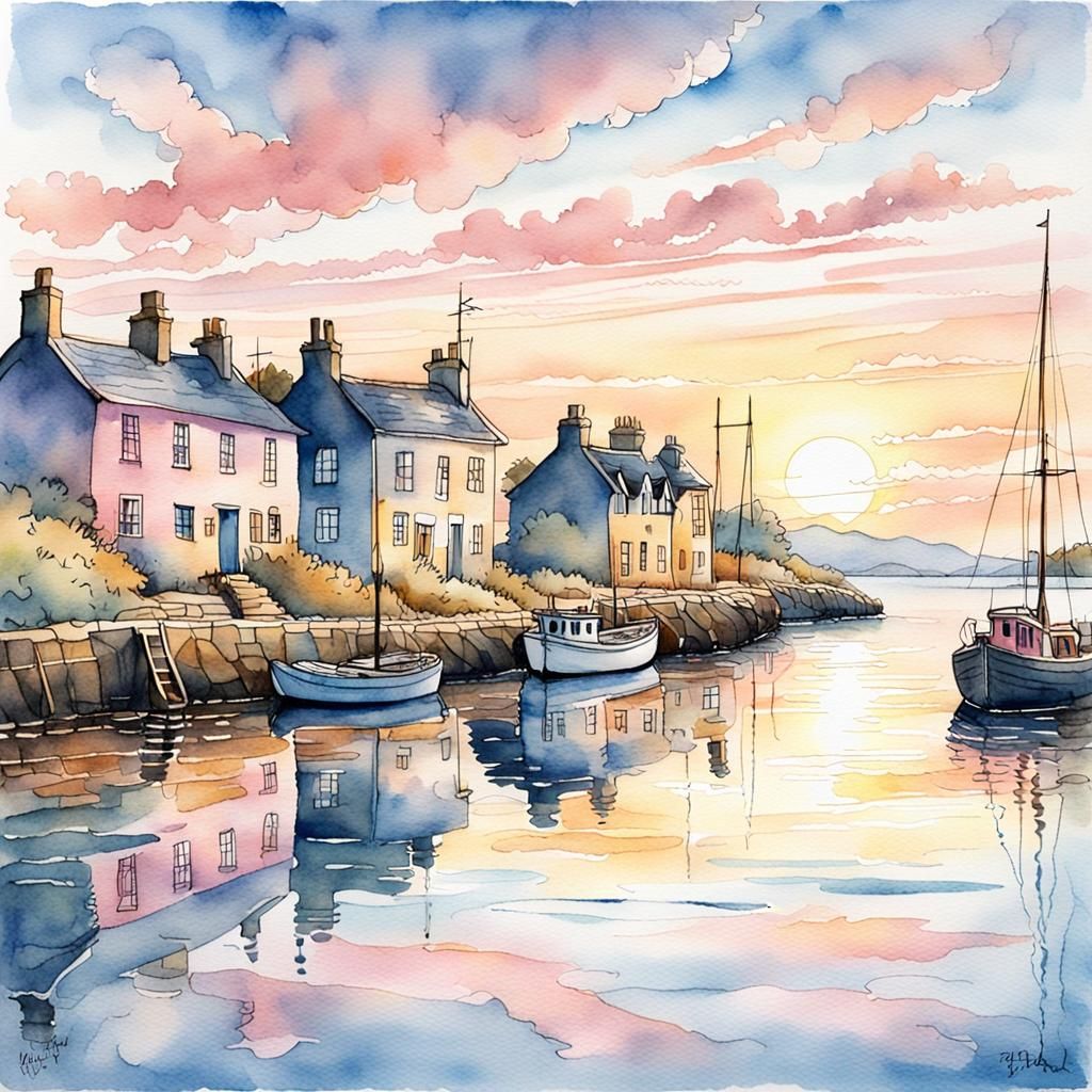 Scottish Harbour Sunset in Watercolour and Ink Style