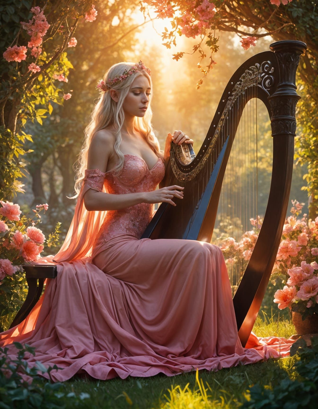 Ethereal Elven Queen Plays Harp in Vibrant Floral Meadow