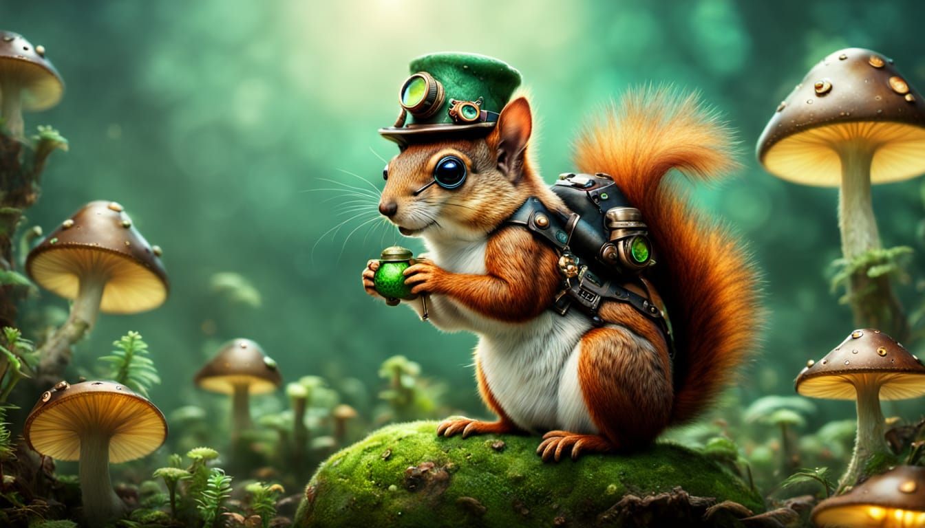 Squirrel in Steampunk Goggles on Luminous Mushroom