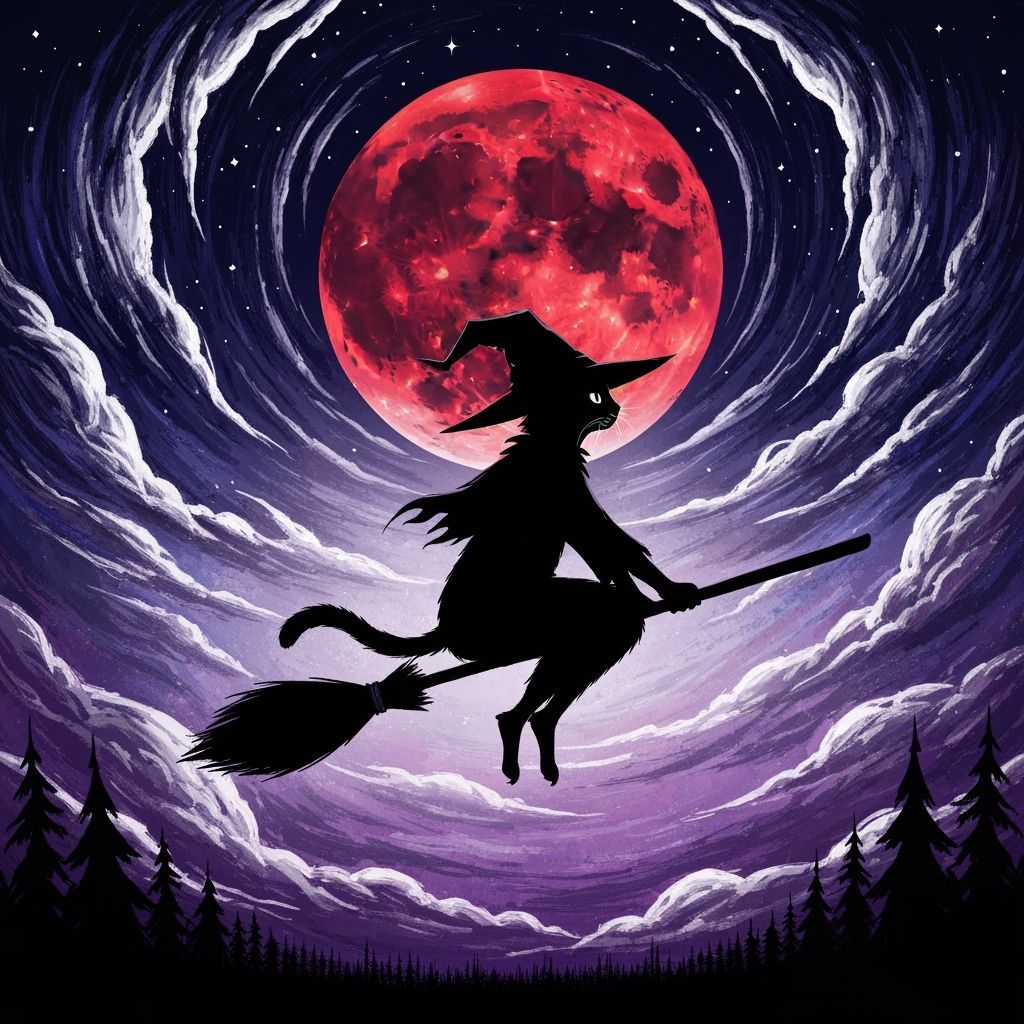 Cat Witch Silhouette Flying Under Blood Moon