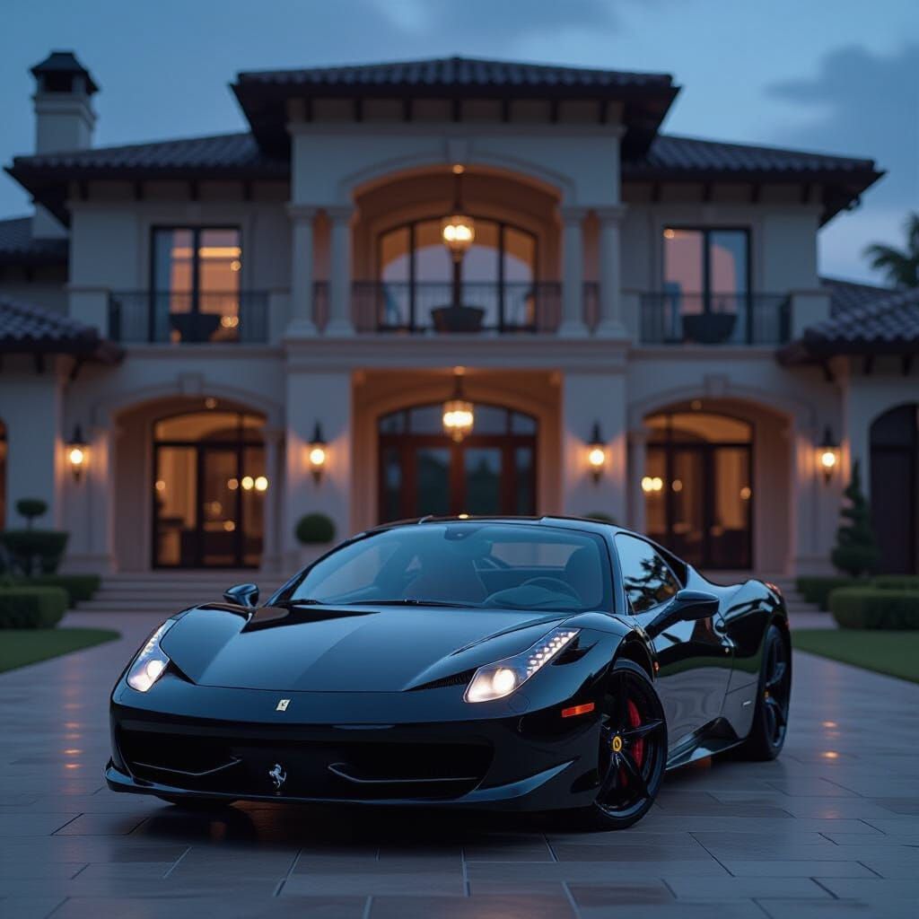 Black Ferrari 458 Parked at Modern Mansion