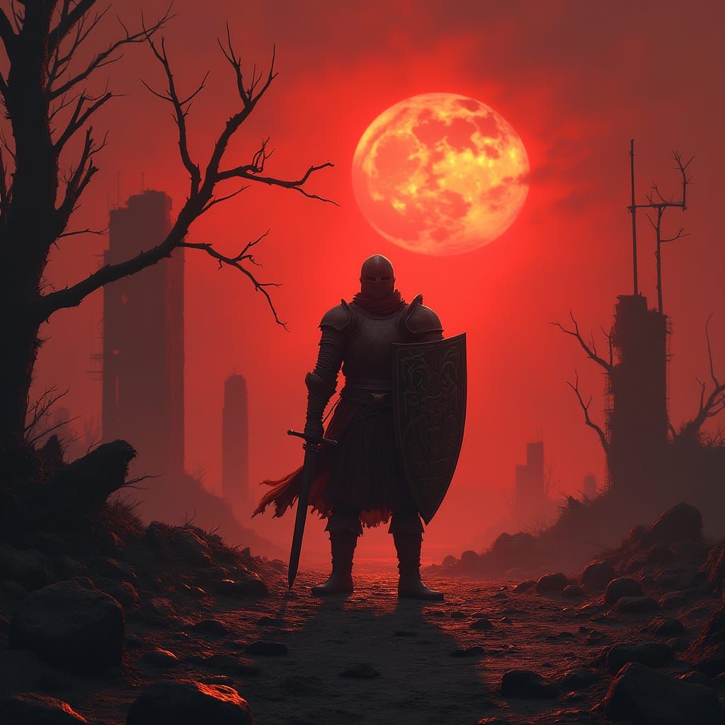 Knight Silhouetted Against Blood-Red Sunset in Dark Fantasy ...