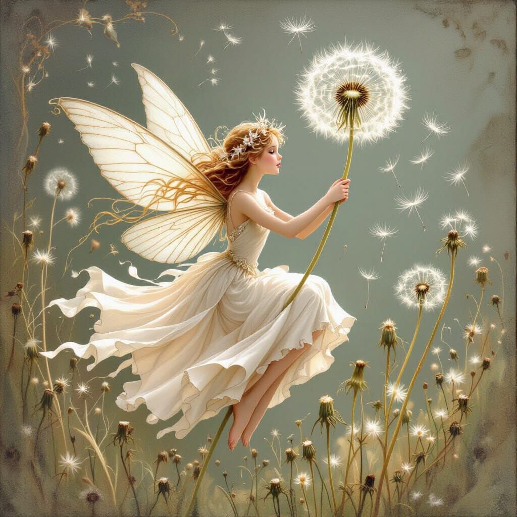 Fairy Riding a Dandelion in the Wind