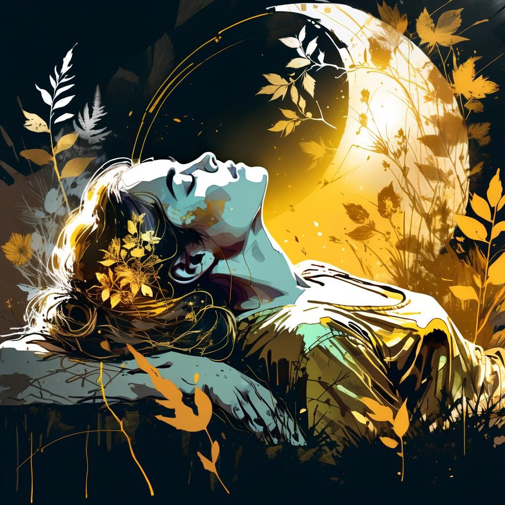 Woman in Crescent Moon with Luminous Foliage