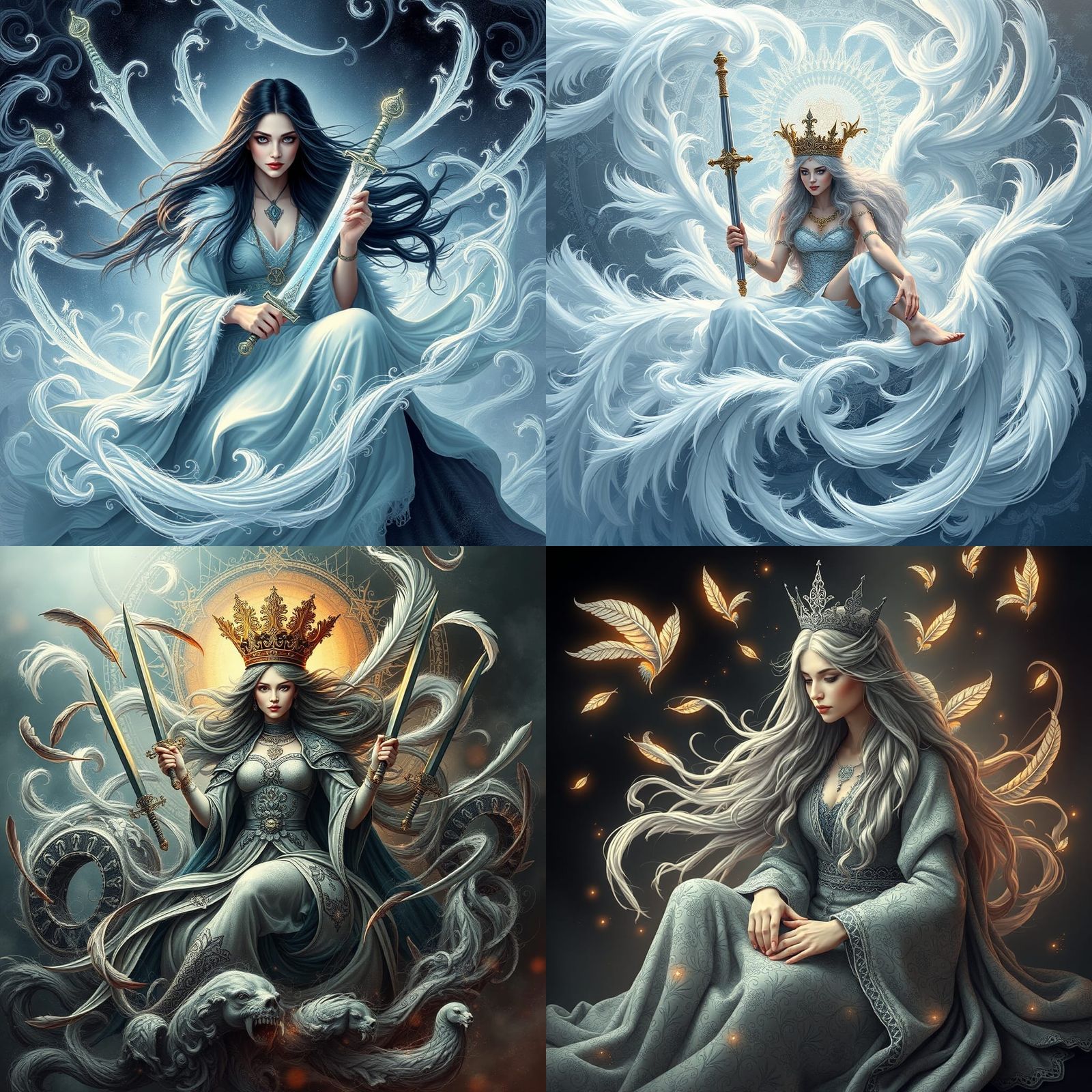 Tarot Reader Surrounded by Swords in Abstract Style