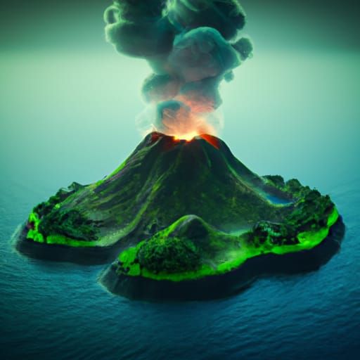 Volcanic Island Eruption in a Detailed Rendering