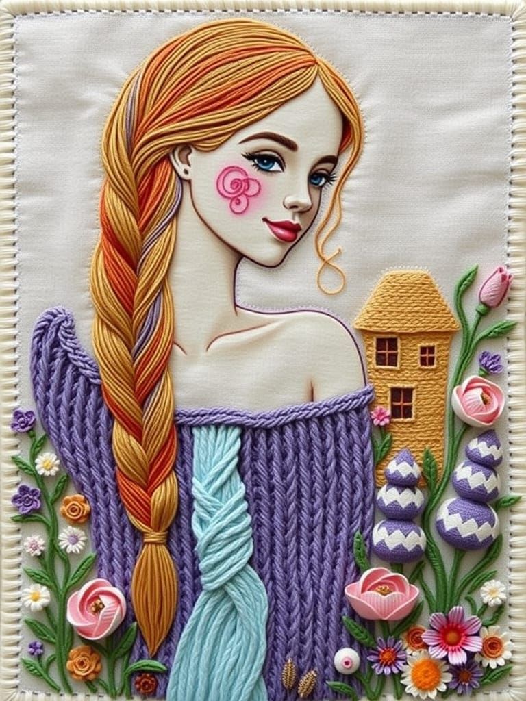 Embroidered Portrait with Lavender Dress and Thread Waterfal...