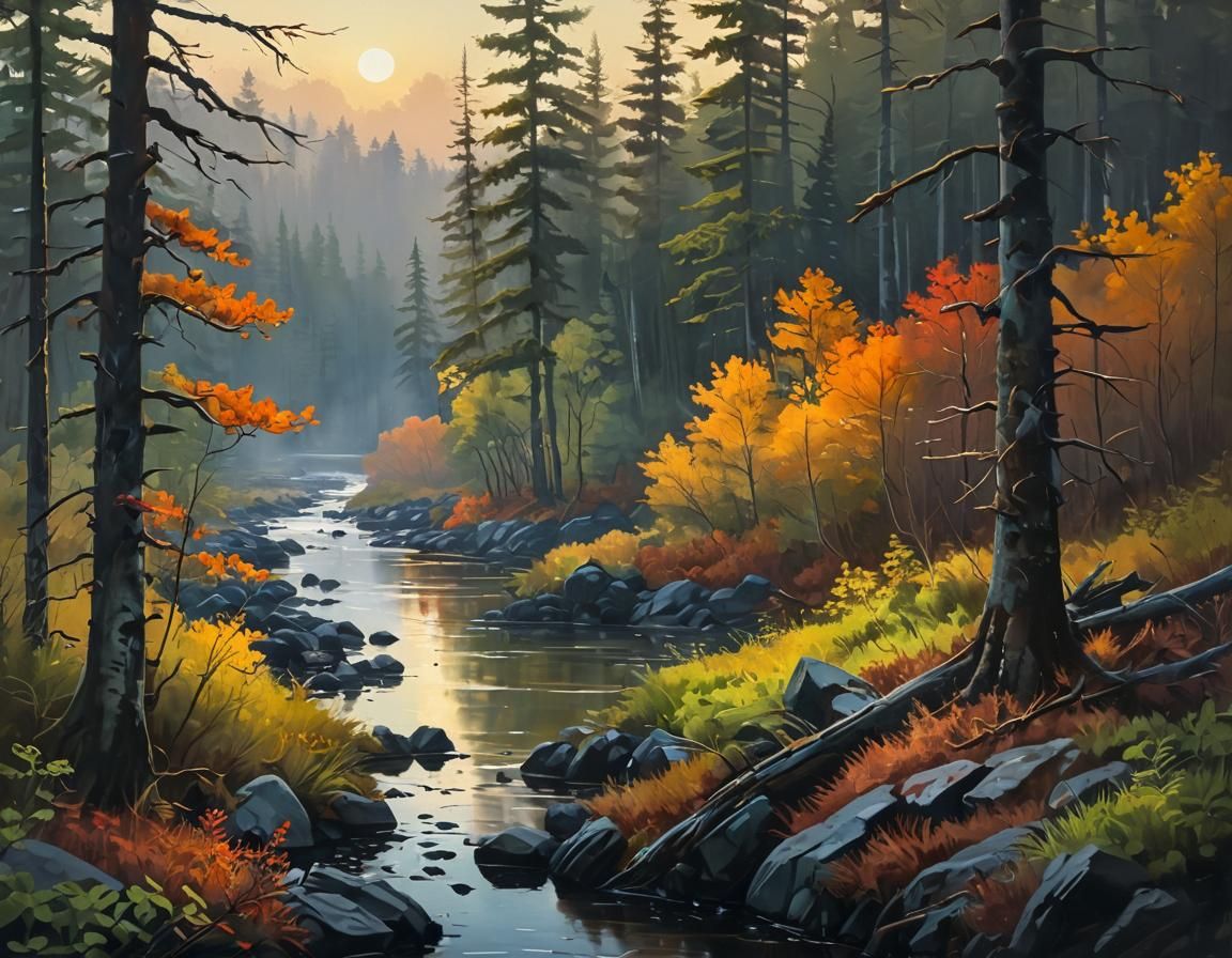 Autumn Forest River at Dusk in Impressionist Style