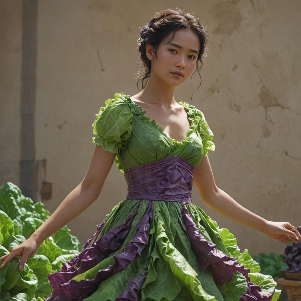 Woman in Lettuce Dress: Hyperdetailed Digital Art