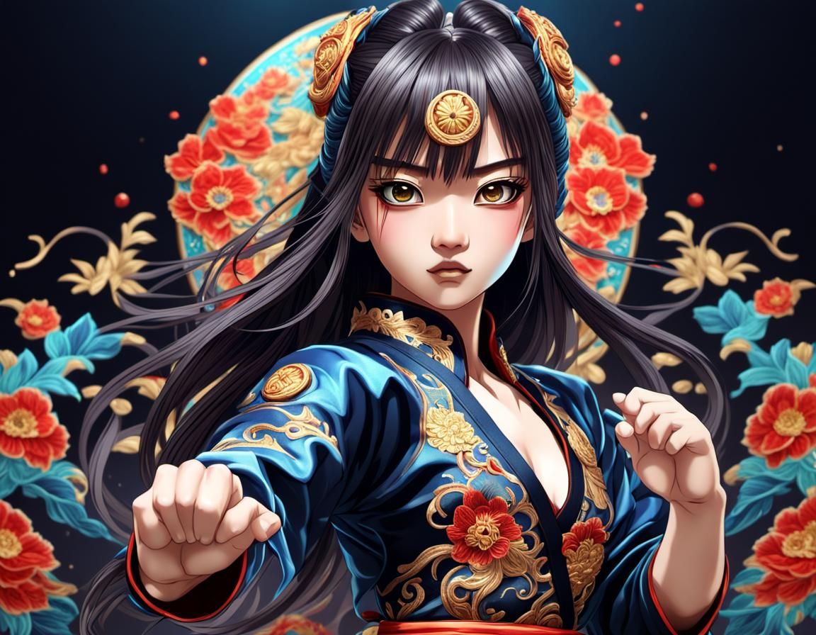 Anime Martial Arts Woman in Embroidered Dress