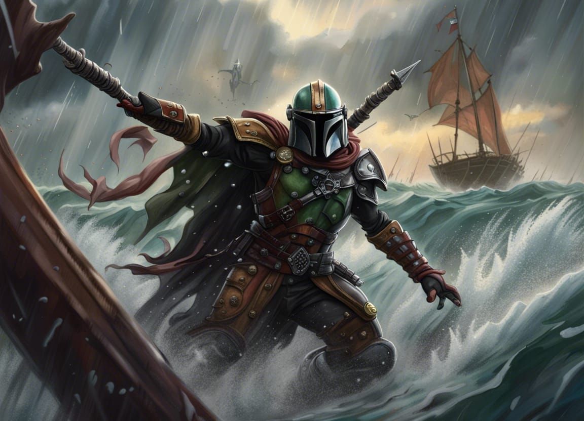 Mandalorian and Ahsoka Battle on a Rainy Ocean