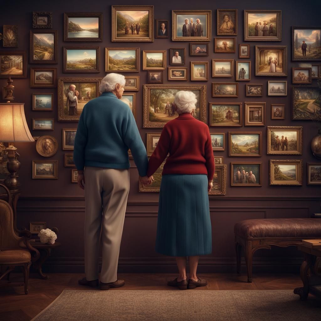 Elderly Couple Reminiscing Over Family Photos