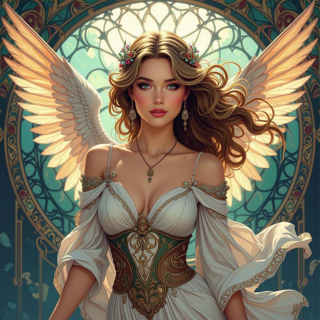 Art Nouveau Angel with Flowing Hair and Wings