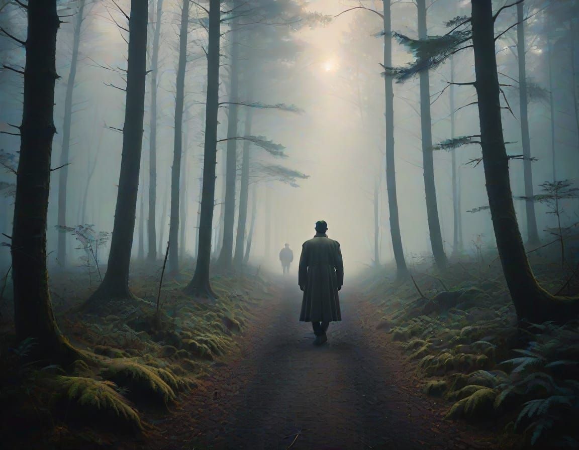 Mysterious Figure in Twilight Forest: Moody Film Still