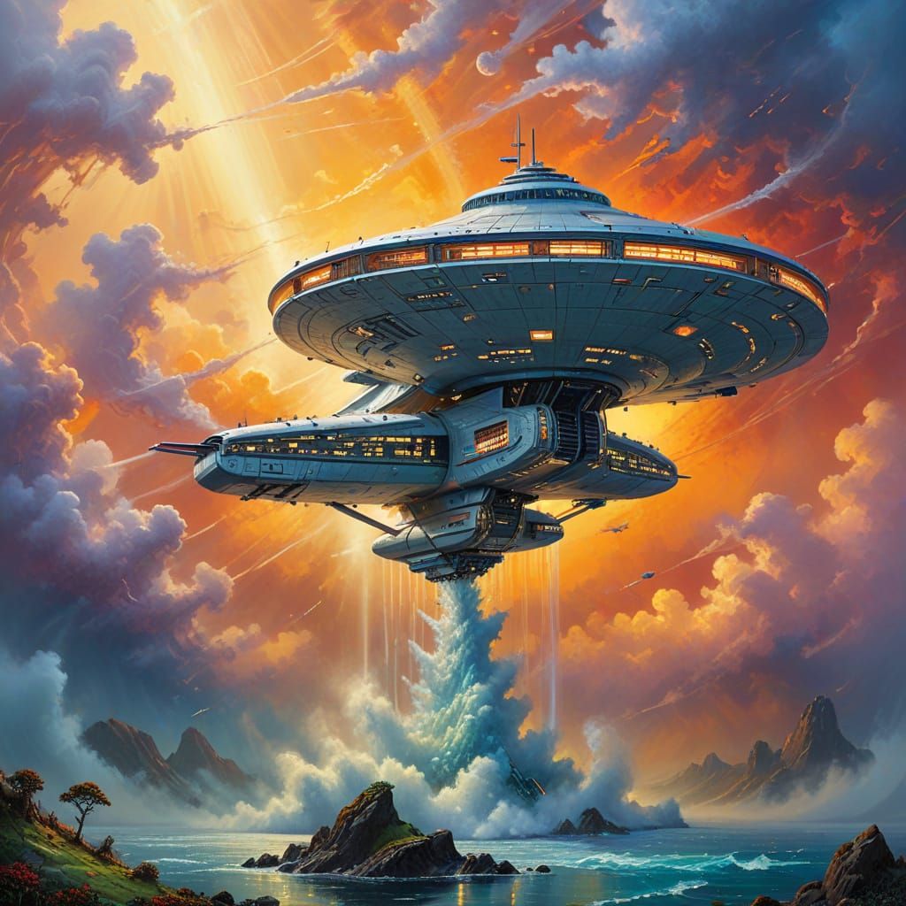 Starship Enterprise in Mist: Neo-Impressionist Oil Painting