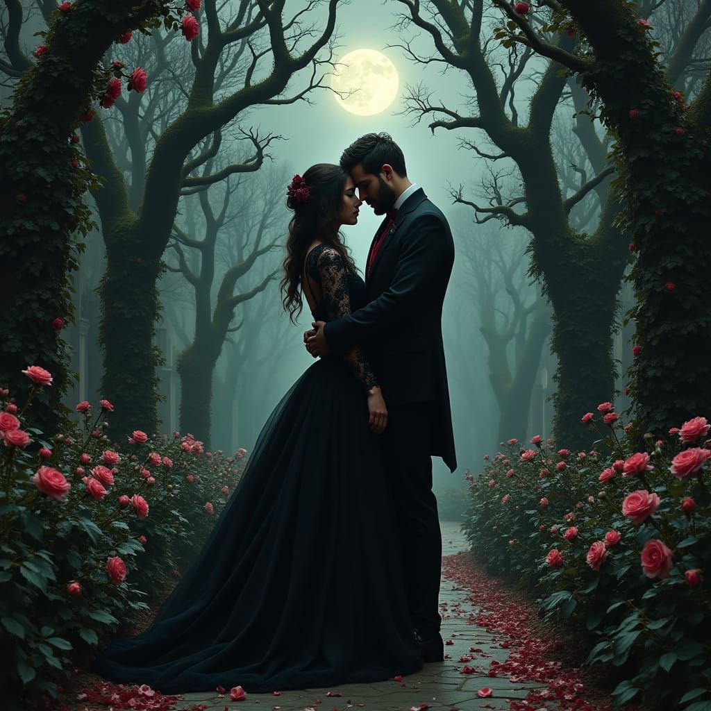 Victorian Era Couple Embracing in a Moonlit Gothic Garden