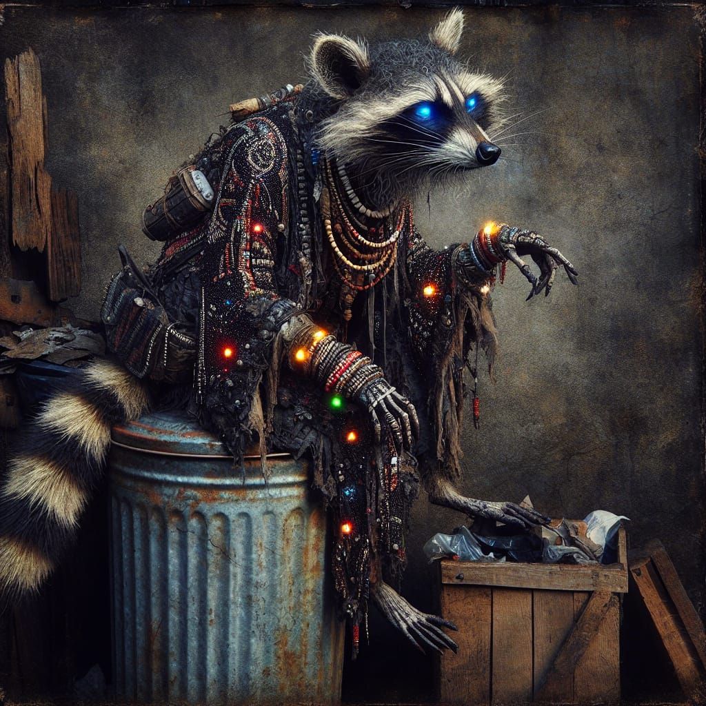 Raccoon Elder in Recycled Home: Grungy Digital Art