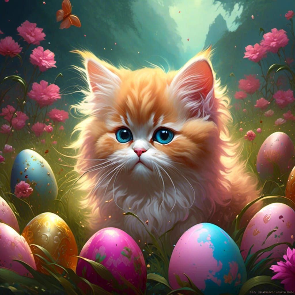 Ginger Kitten in Easter Meadow, Acrylic Painting