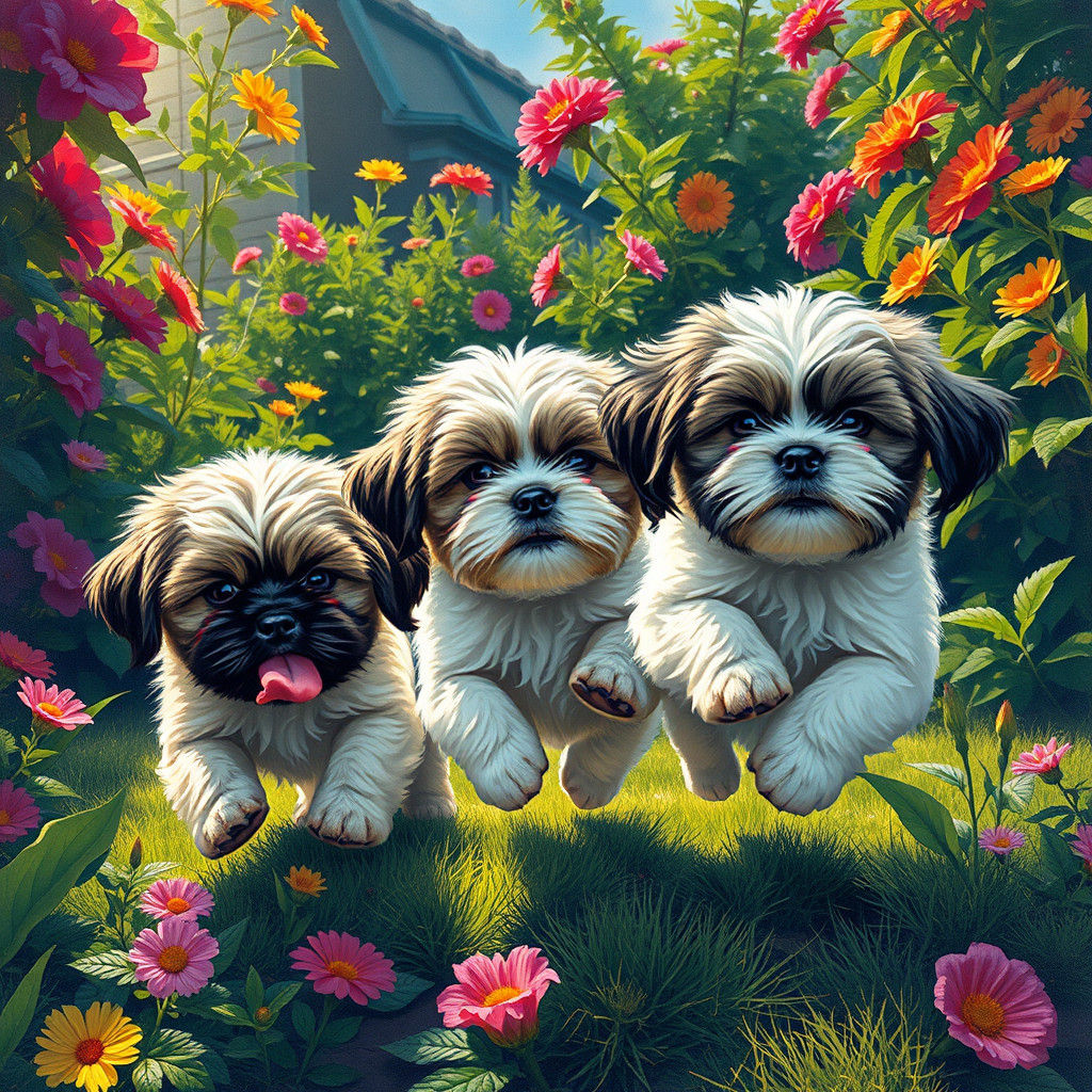 Shih Tzu Puppies in Fauvist Heavy Metal Style