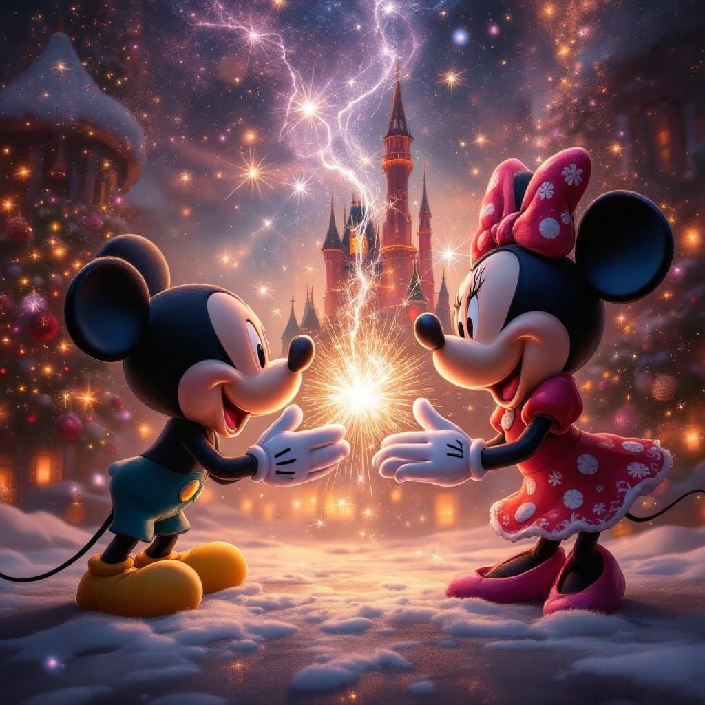 Mickey and Minnie in Sparkling Ferrofluid Cityscape