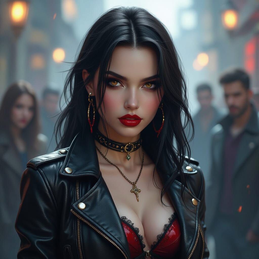 Fierce Vampire Girl in Leather Jacket, Dark Fantasy Style