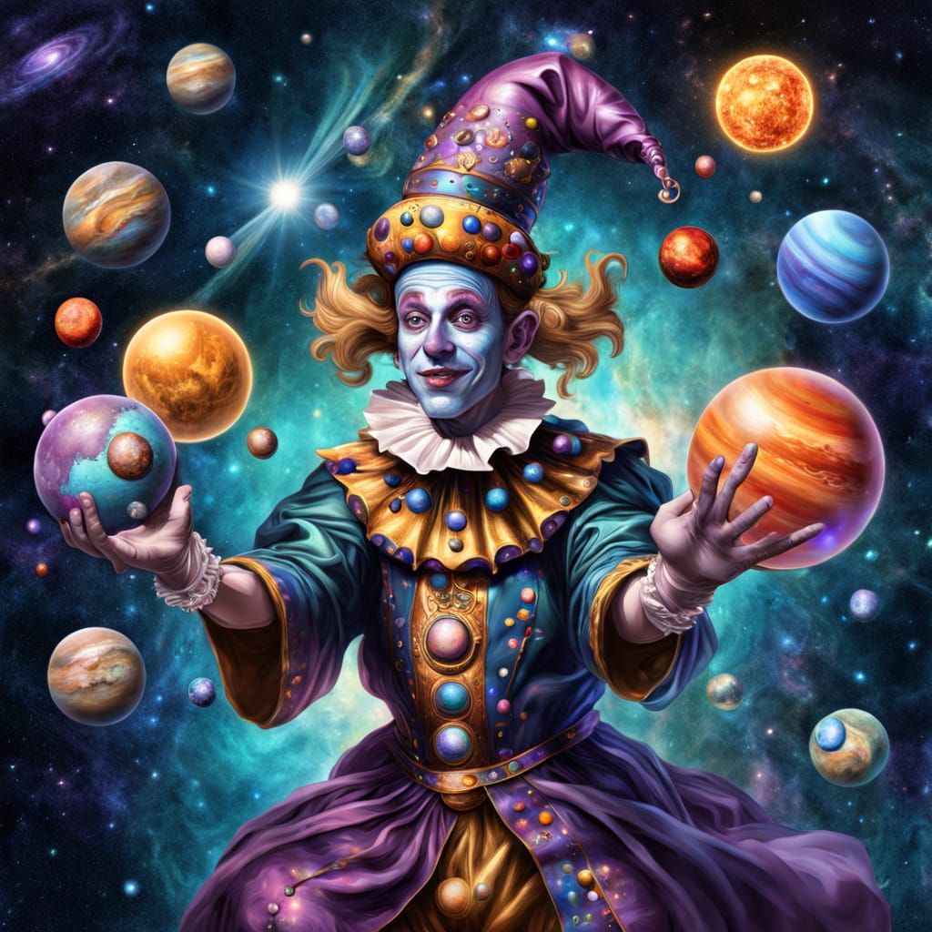 Jester Juggling Planets in Holographic Astral Style