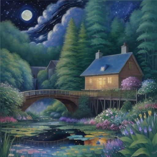 Impressionist Cottage Scene with Waterfall at Night