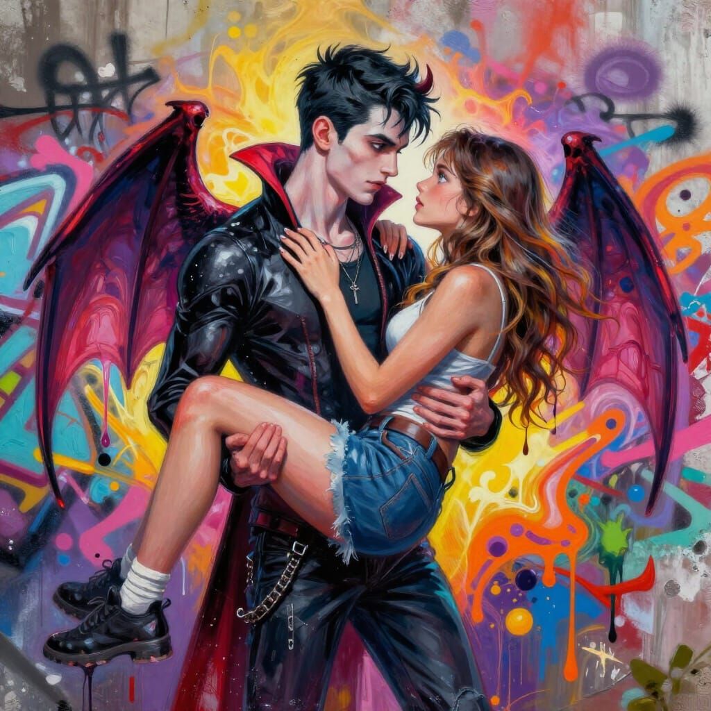Vampire Boy and Girl Embrace in Graffiti Art Style