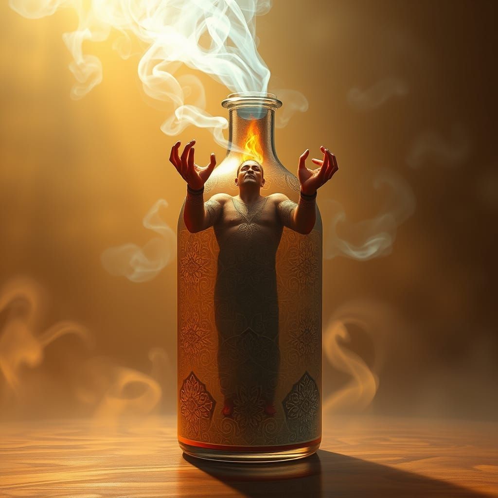 Futuristic Genie Unveiled in Golden Haze