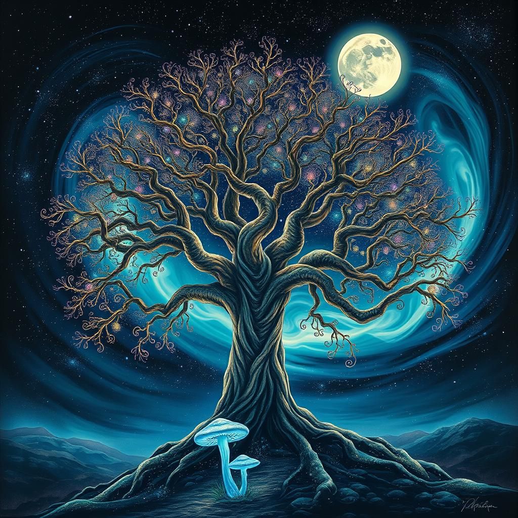 Cosmic Willow Tree Under Aurora Borealis