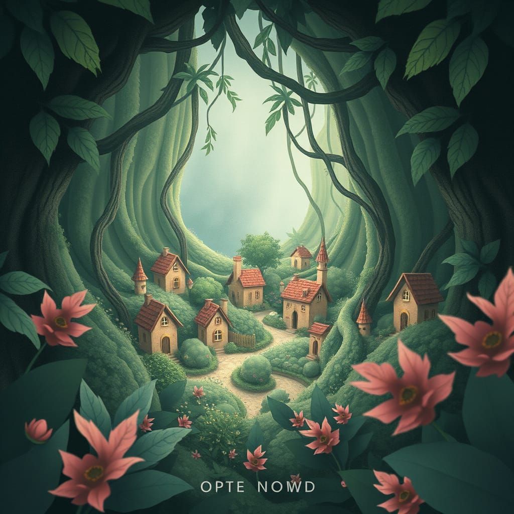 Enchanting Tiny Village in Wild Jungle Storybook Style