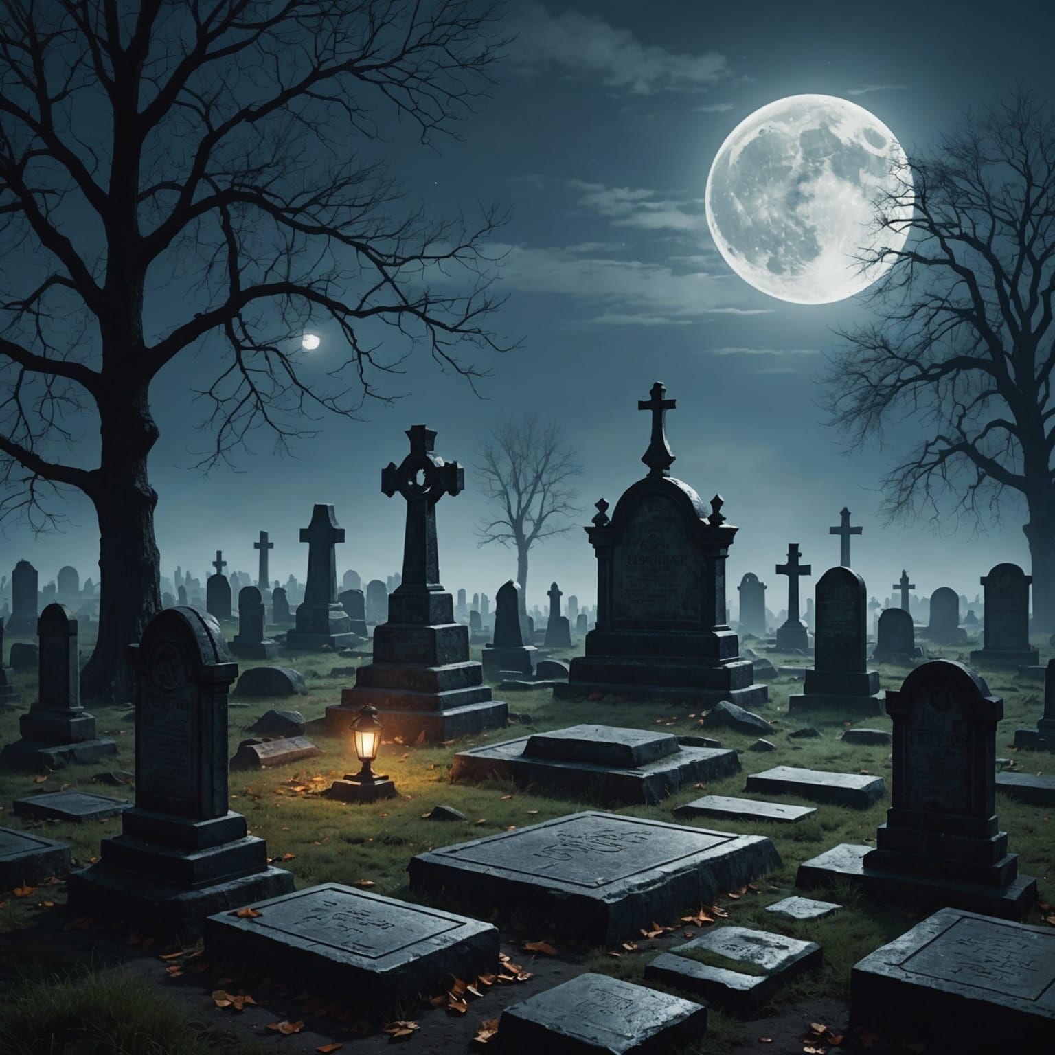 Foggy Graveyard Under Full Moon: Detailed Matte Painting