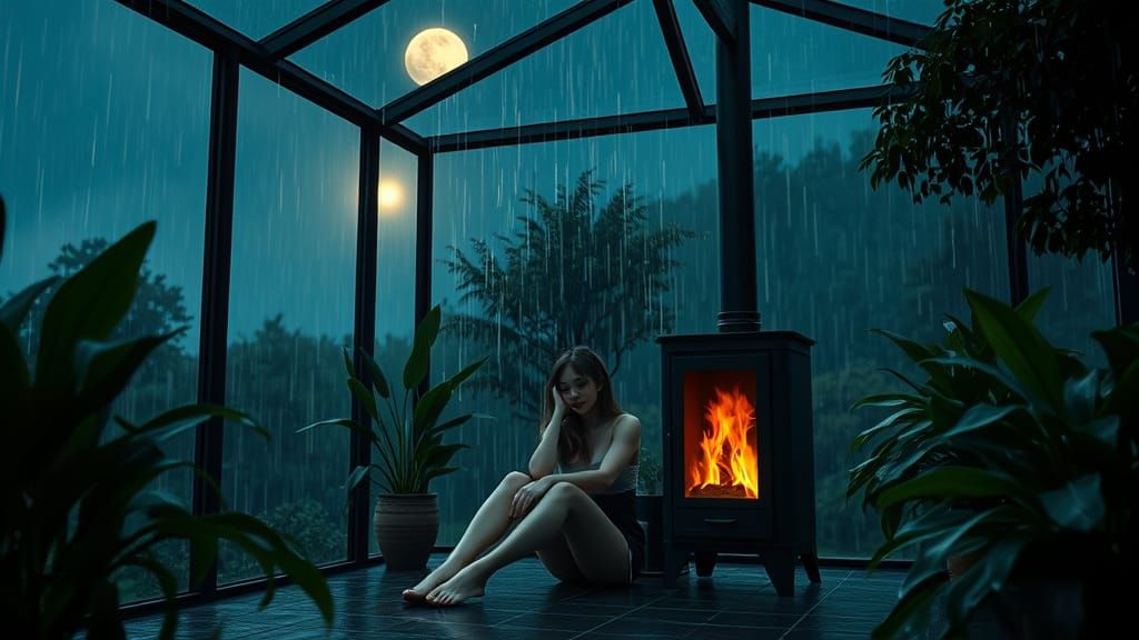 Rainy Night Serenity: Woman in Glass Room in Hyperrealistic ...