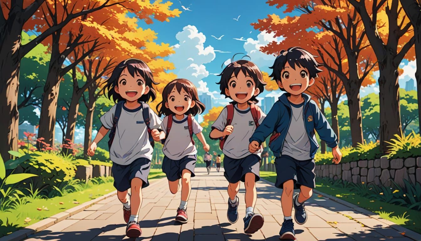 Vibrant Anime Scene with Happy Children in Motion