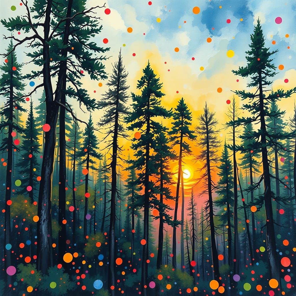 Polka Dot Forest Sunset: Impressionist Gouache Style