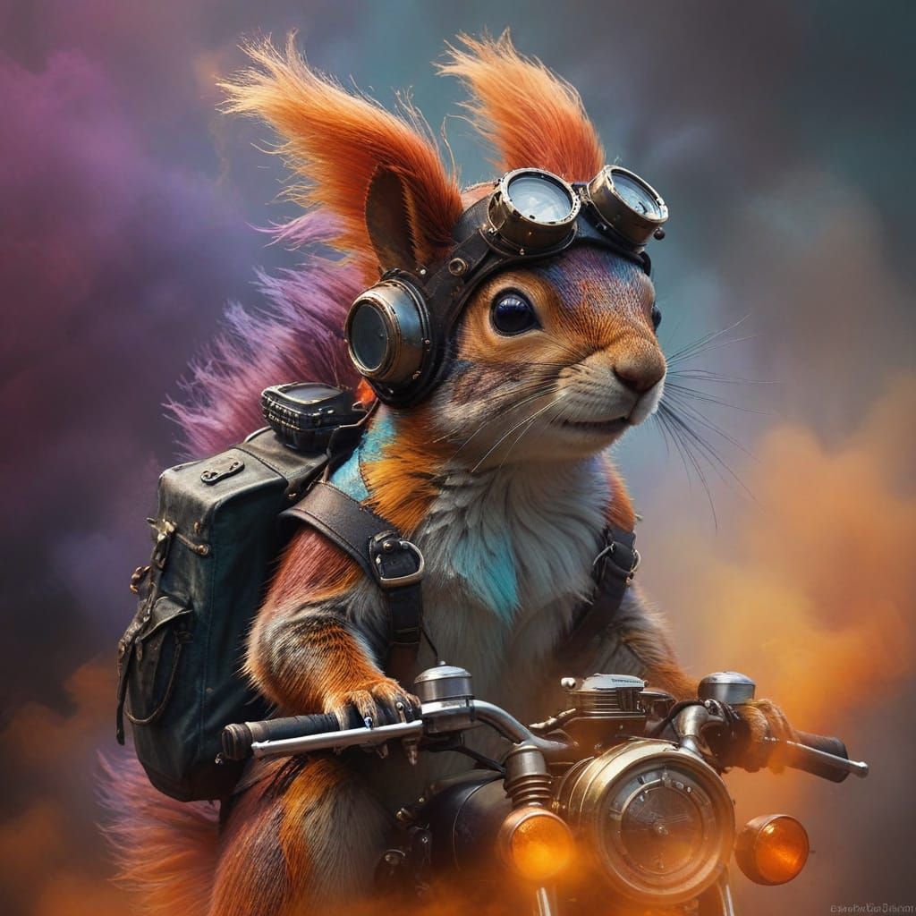 Surreal Steampunk Squirrel in a Whimsical Colored Mist