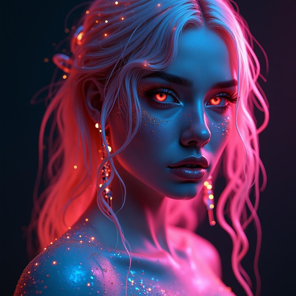 Cyberpunk Beauty with Neon Hair, Digital Art