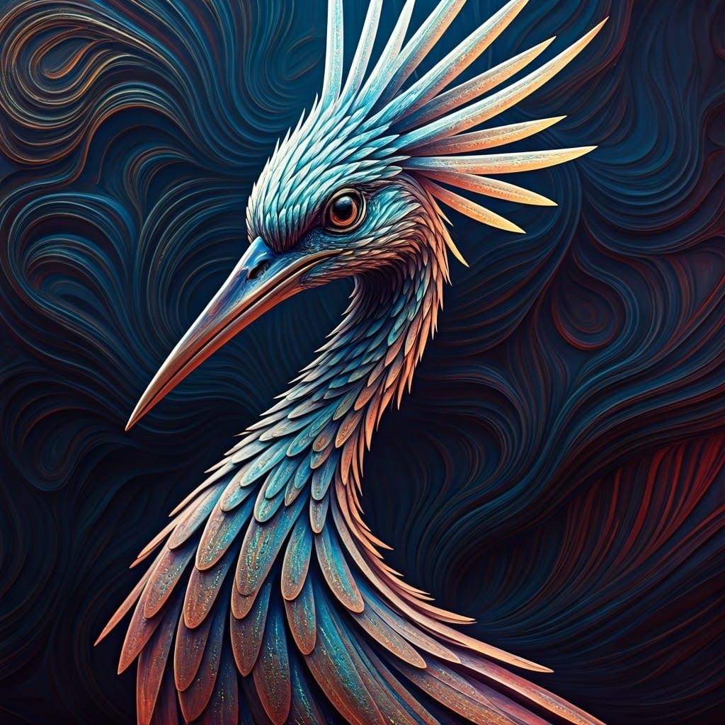 Iridescent Bird in Surreal Beksiński Landscape