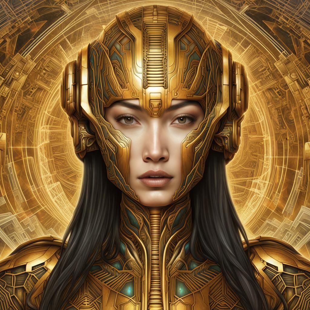 Cyberpunk Gold Armor: Cosmic AI Being