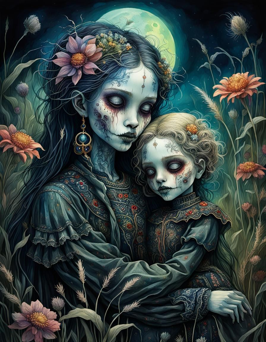 Macabre Voodoo Madonna and Child: Dark Fantasy Illustration