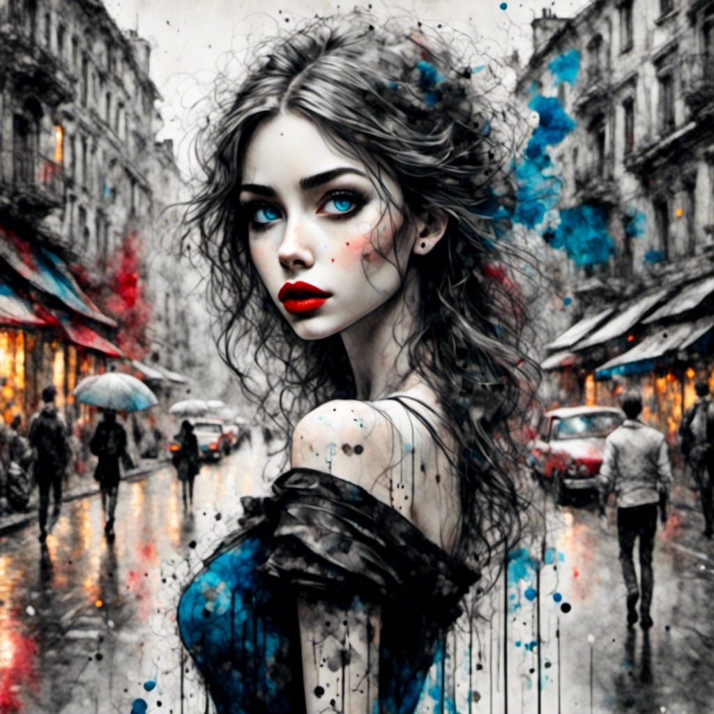 Woman in Black Dress Walking in Rainy City Sketch