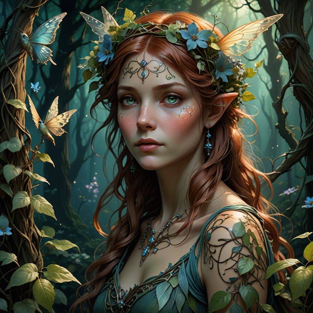 Forest Fairy Portrait with Floral Tattoos in Enchanted Woodl...