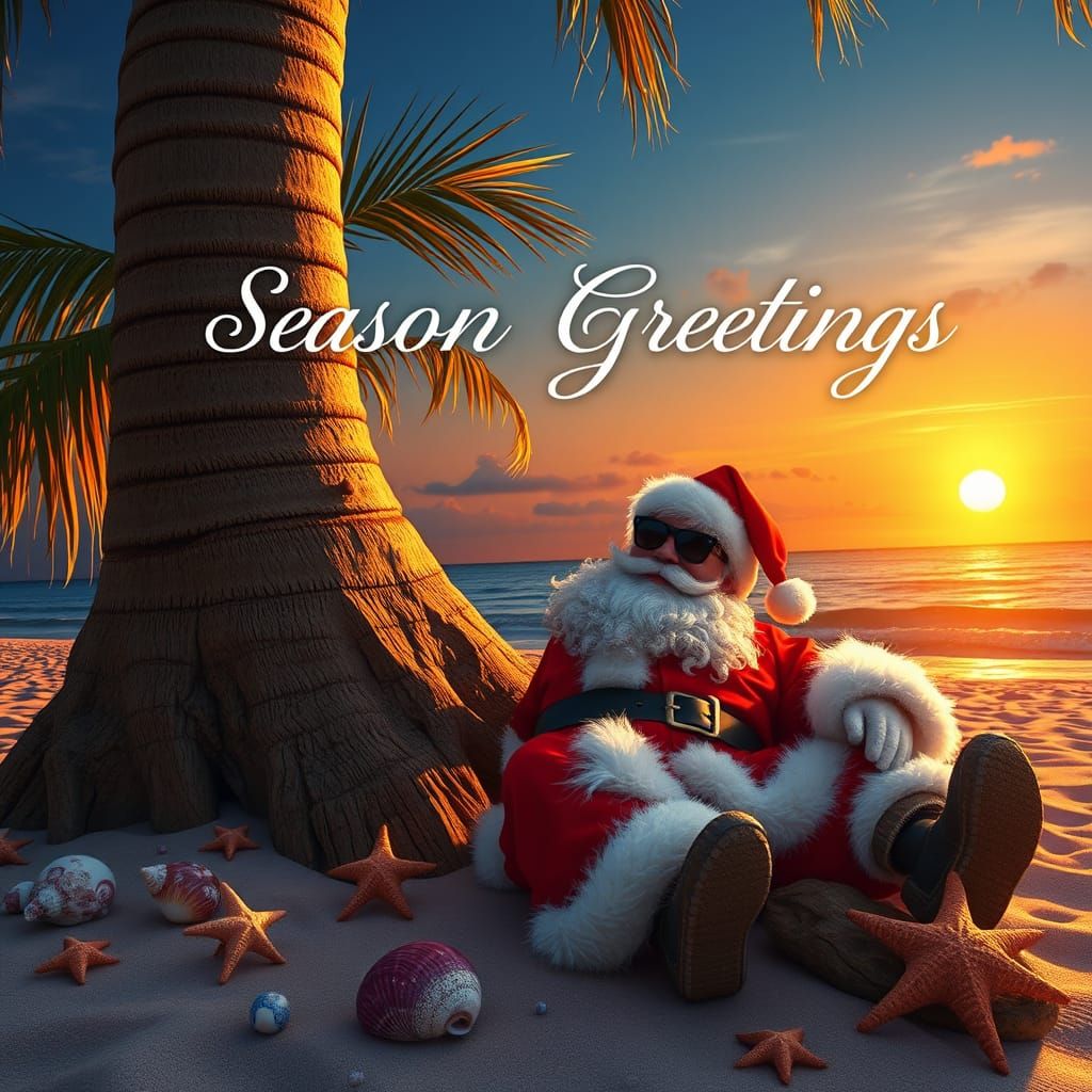 Santa in Sunglasses, Palm Trees, and Seashells, Whimsical Be...
