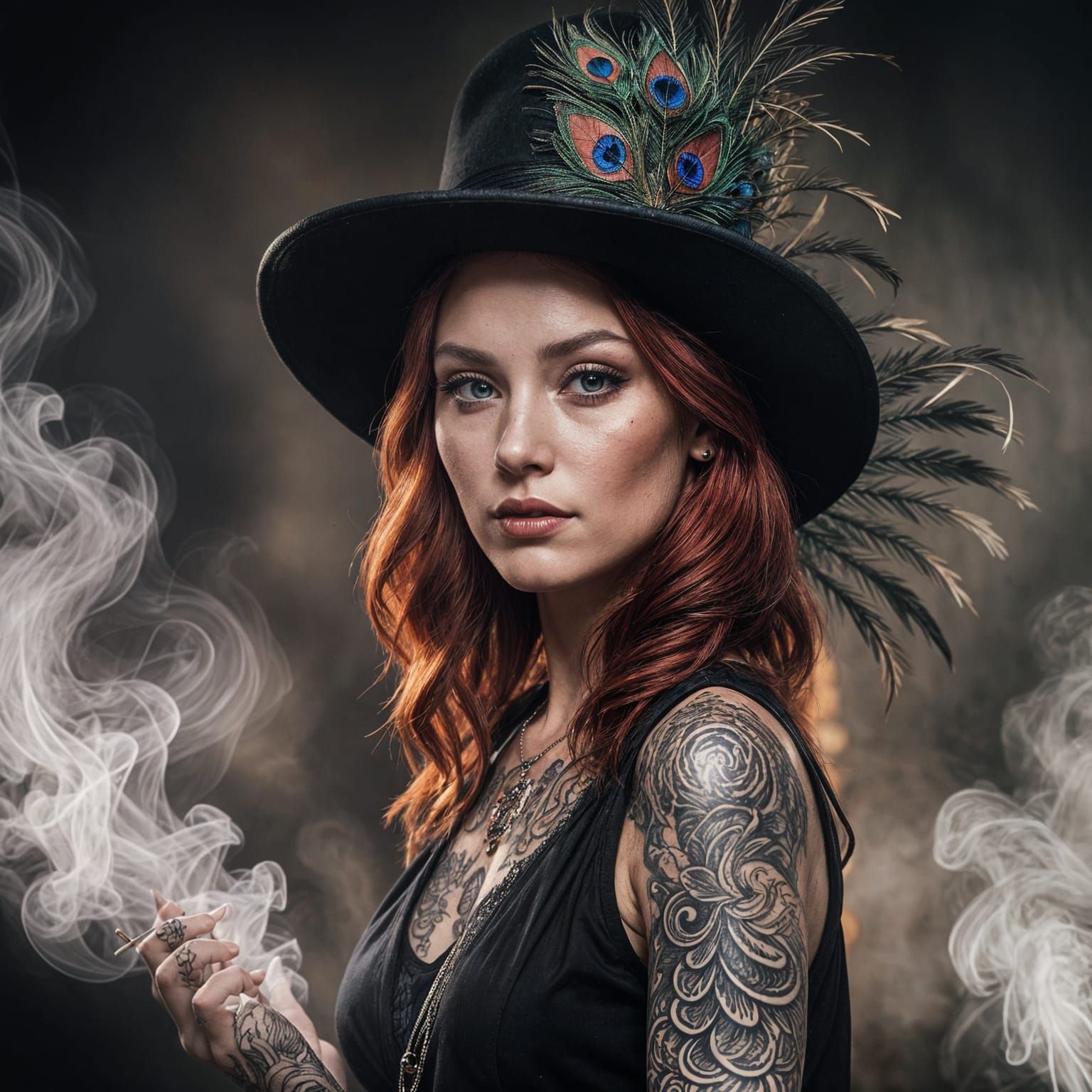 A stunning beauty with fiery red locks cascading down her back, adorned with intricate tattoos that tell a story. She st...