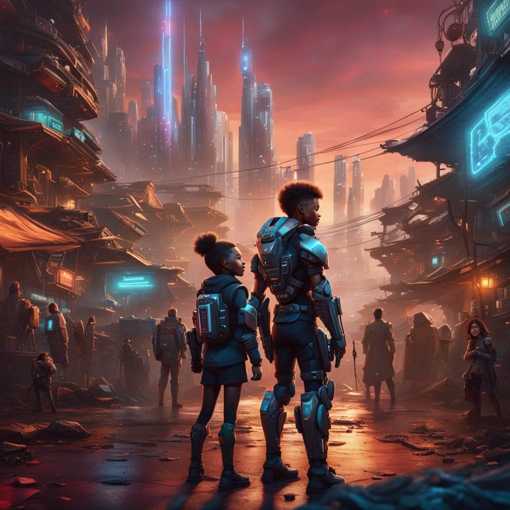 Boy and Cyborg Girl in Cyberpunk City