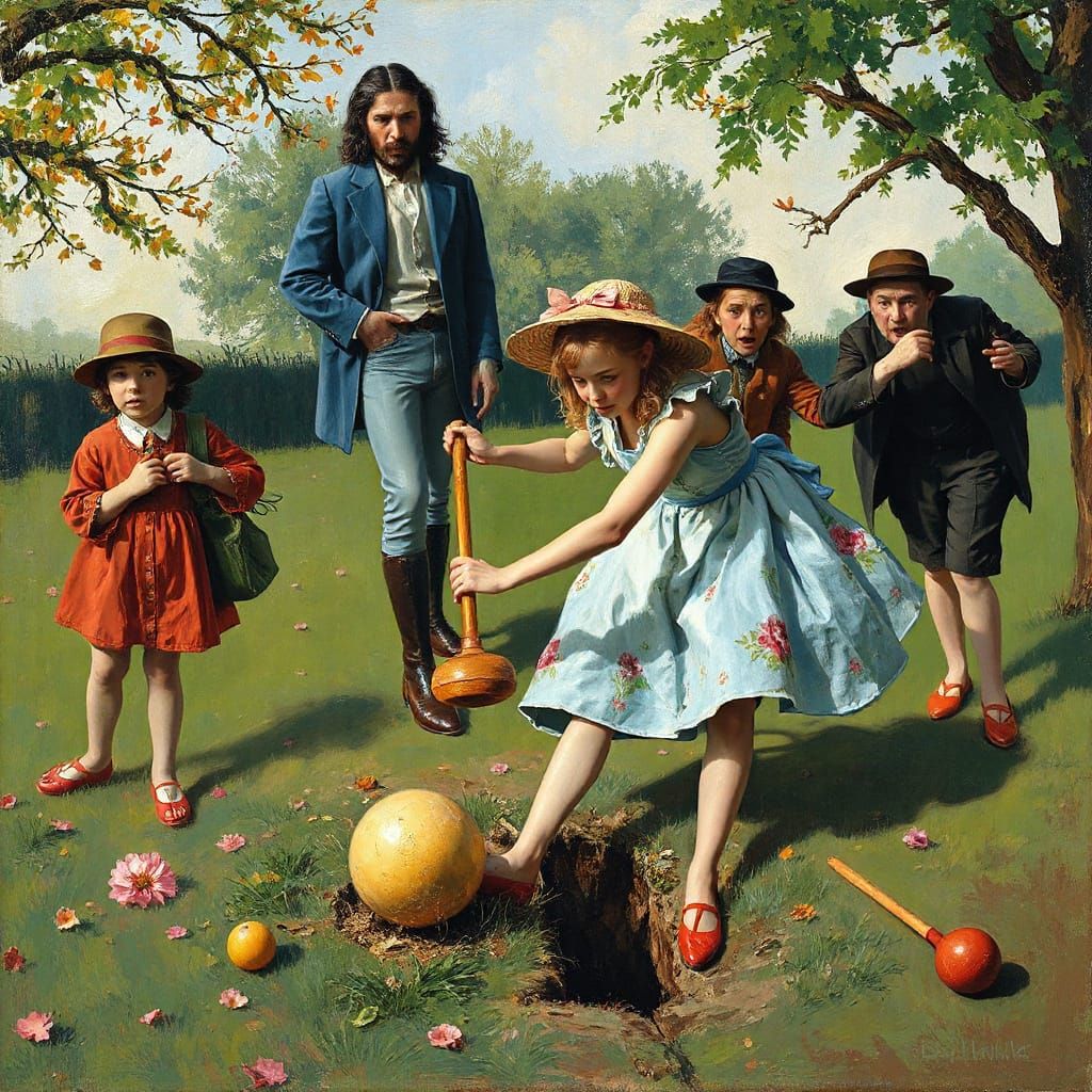 Alice in Wonderland Croquet Scene, Neo-Impressionist Style