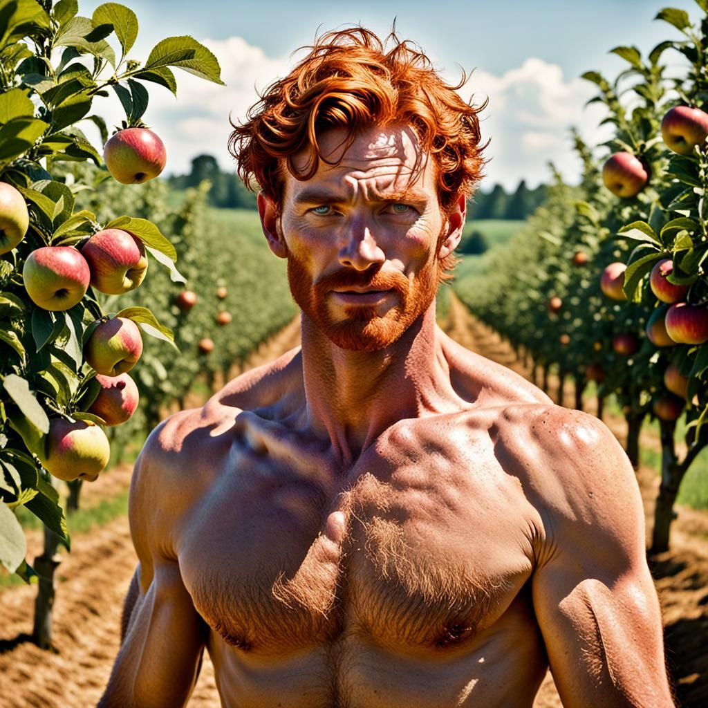 Redhead Farmer Tends Apple Orchard in Summer Sun