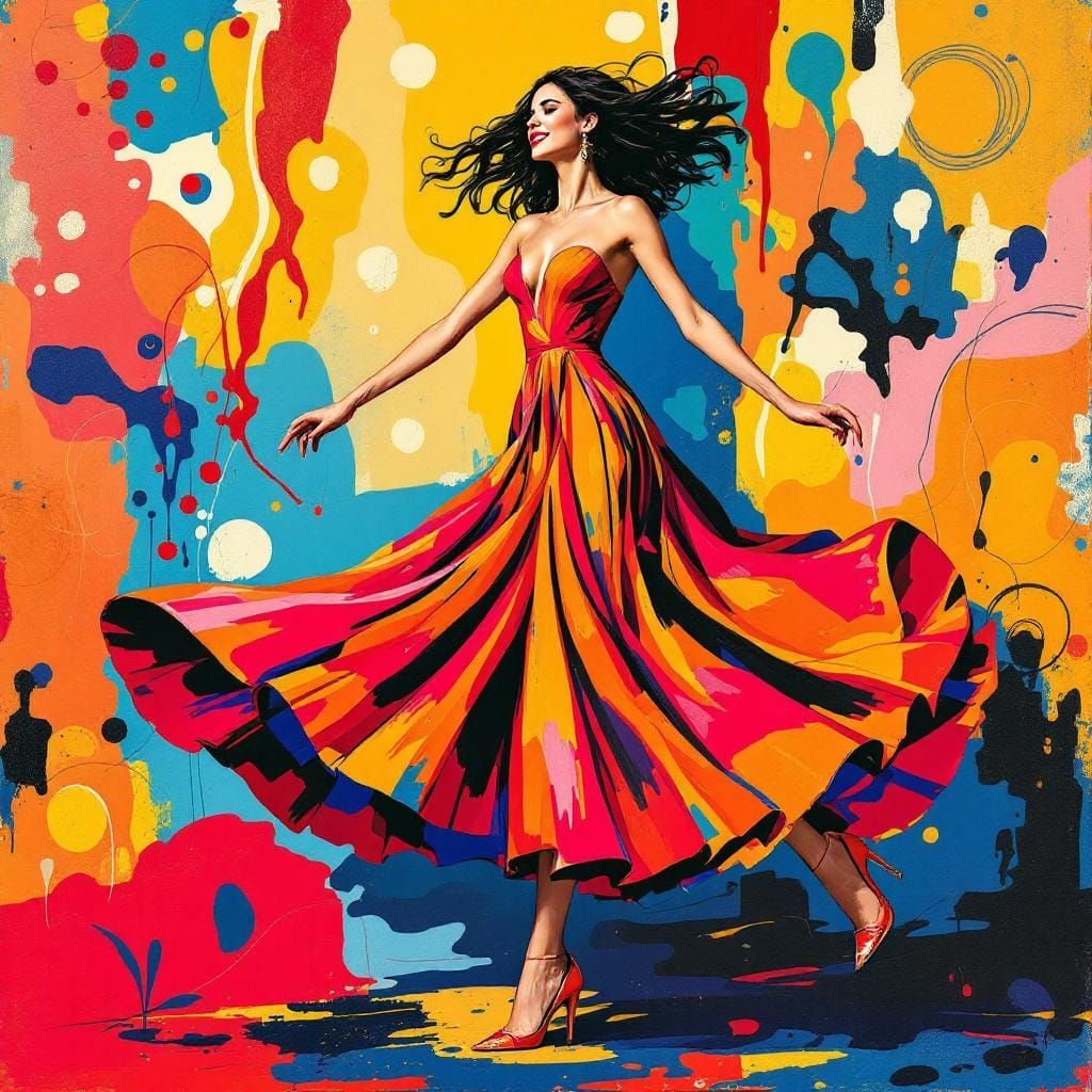 Joyful Woman Dancing in Matisse-Style with Flowing Dress