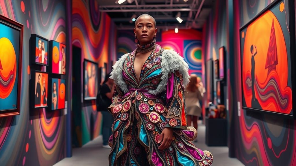 Art Show with detailed colorful clothing and futuristic jewellery.